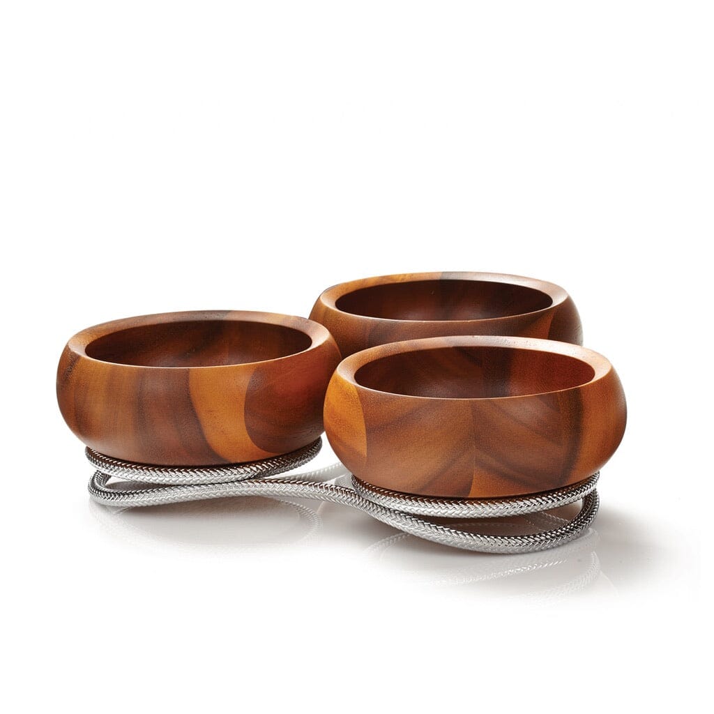 Stunning Nambe Braid Acacia Wood Condiment Server with Chrome Plate Base