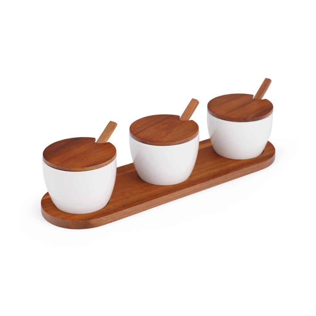 Nambe Duets Triple Condiment Serving Set with Acacia Wooden Lids and Porcelain Spoons