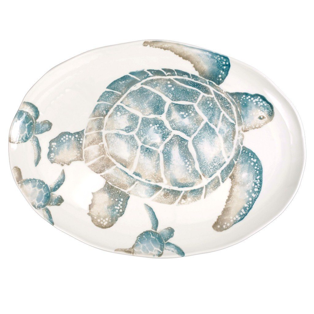 Large Hand - painted Vietri Oval Platter with Sea Turtle Design