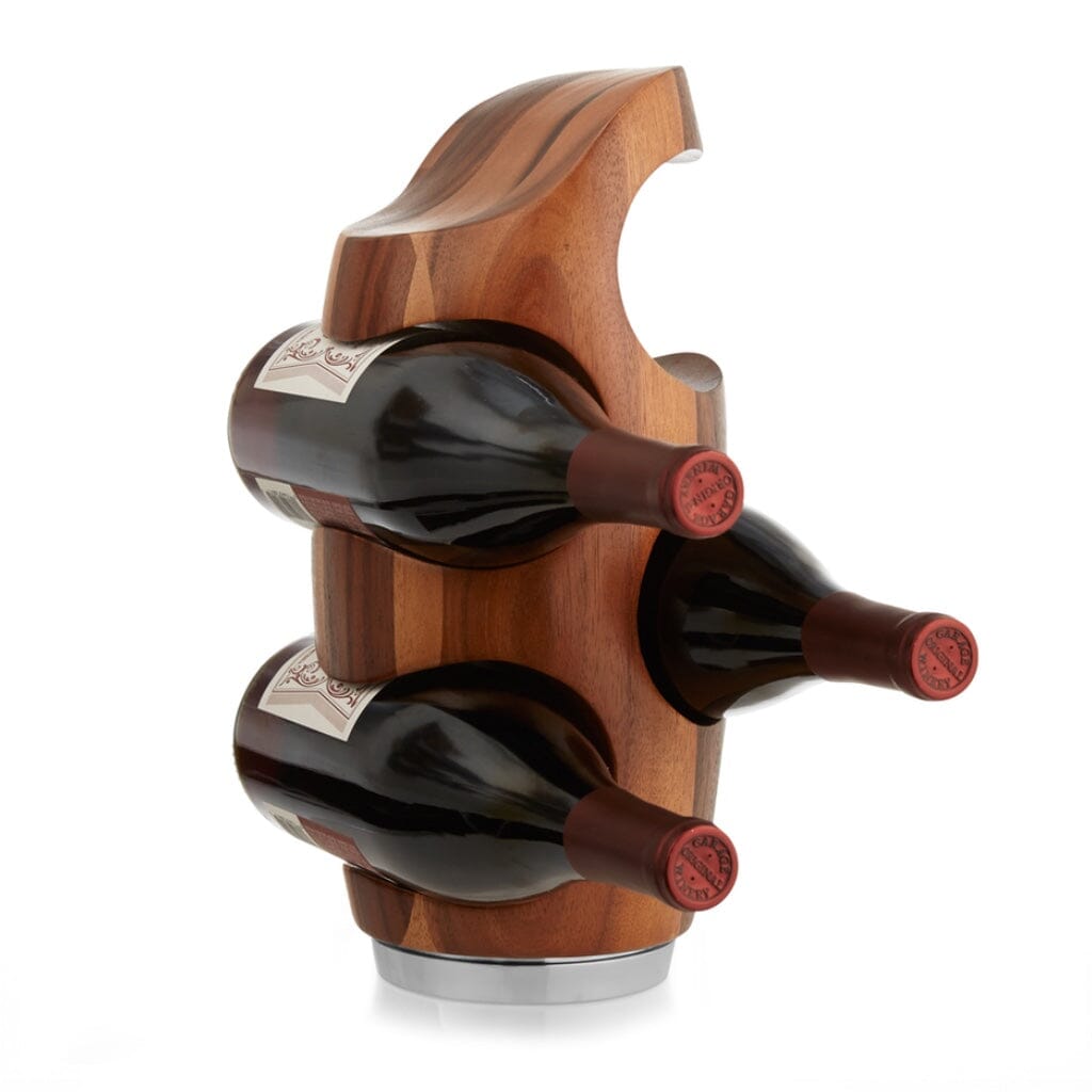 Exquisite Nambe Vie Acacia Wood Wine Rack with Nambe Alloy Base