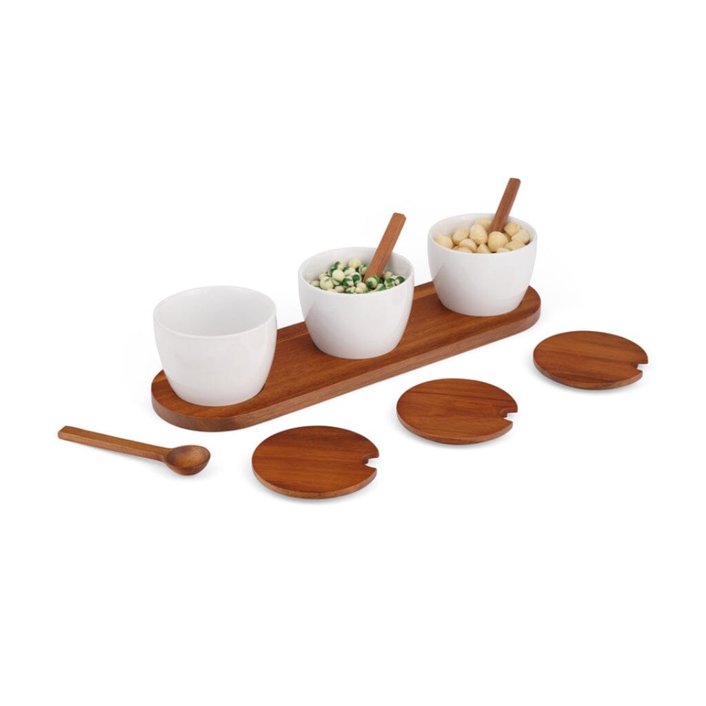 Nambe Duets Triple Condiment Serving Set with Acacia Wooden Lids and Porcelain Spoons