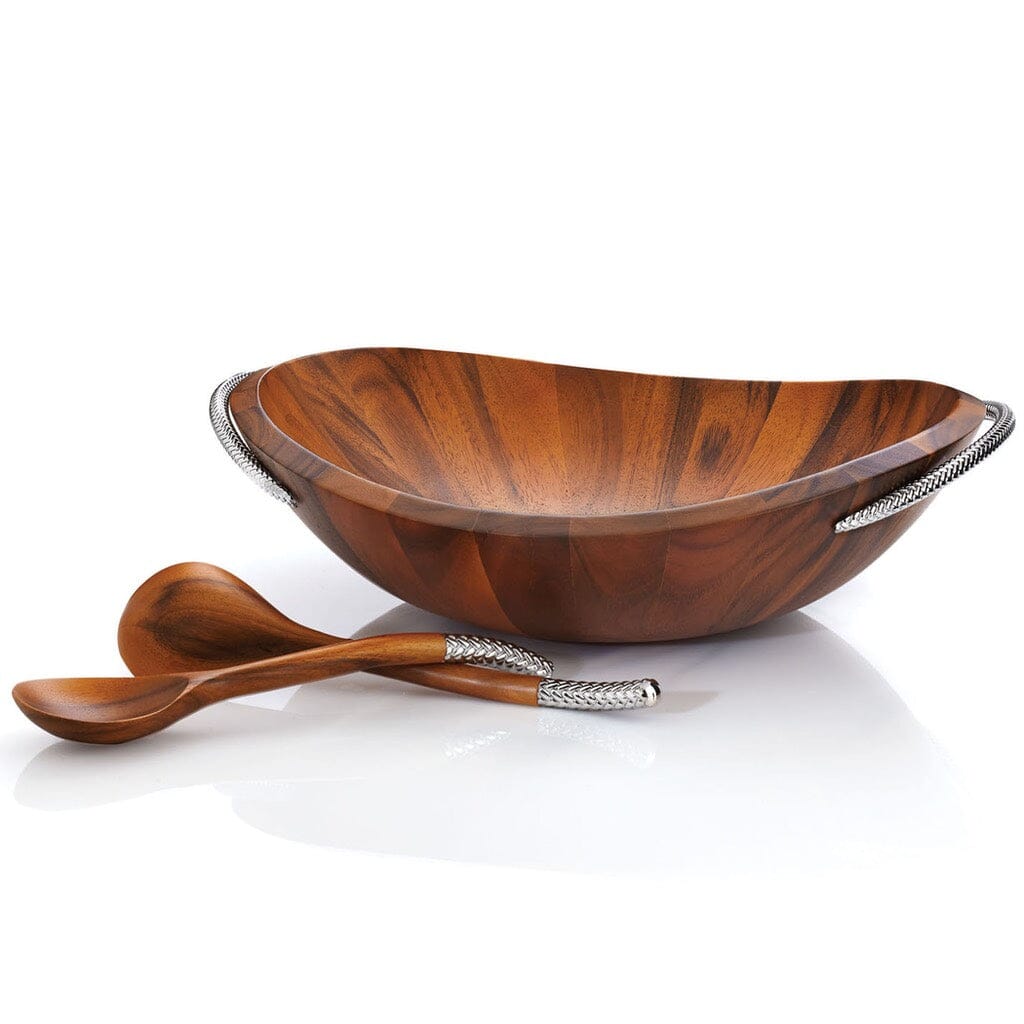 Nambe Acacia Wood Braid Salad Bowl Set with Chrome Handles and Servers