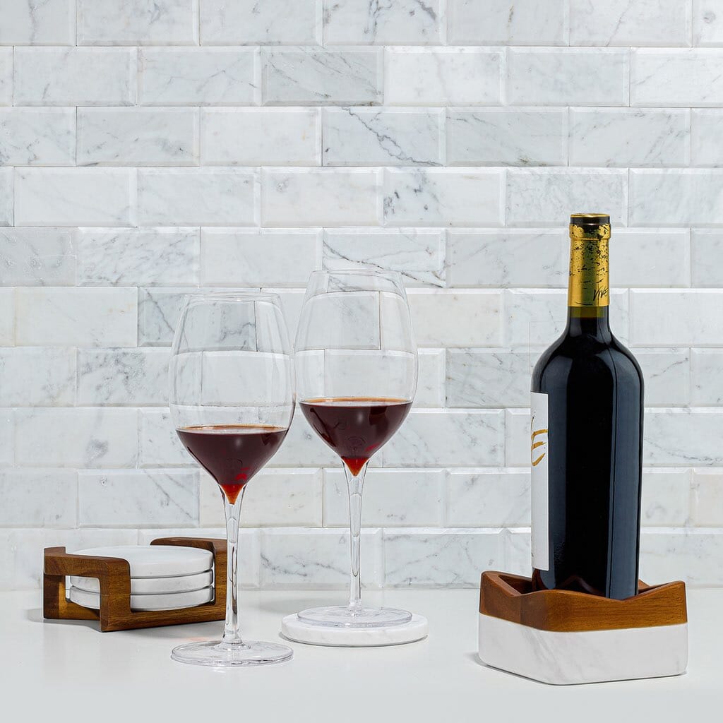 Nambe Chevron Stylish Wine Coaster with Acacia Wood and White Marble