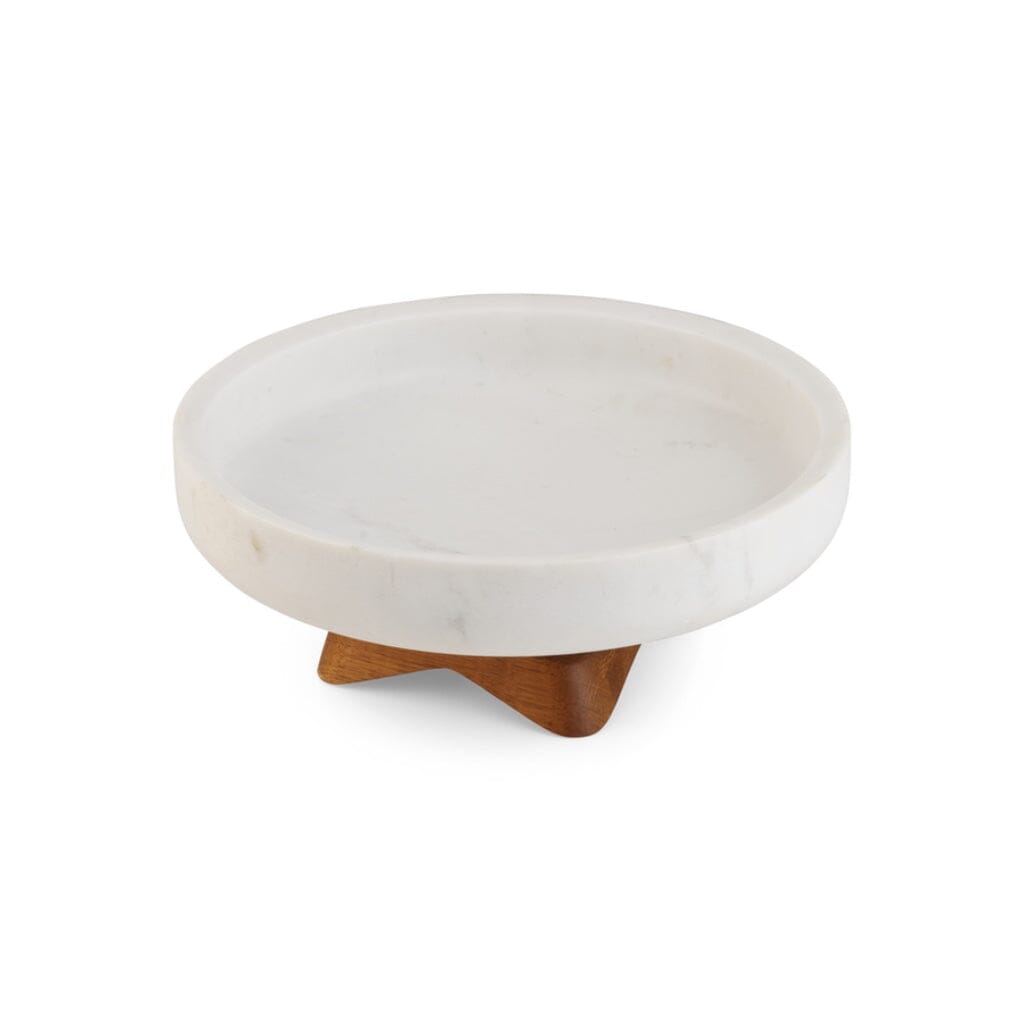 Nambe Chevron Decorative White Marble Fruit Bowl with Acacia Wood Base