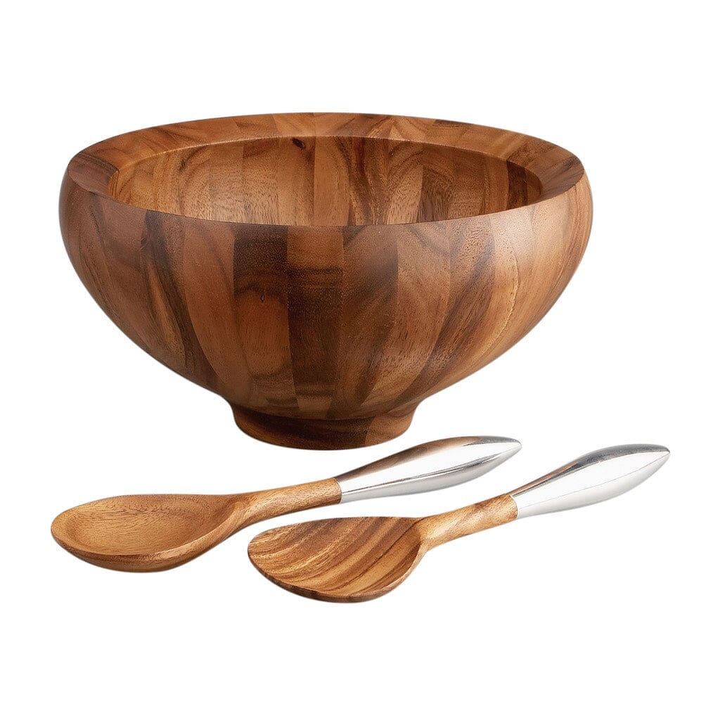 Nambe Yaro Thick - Curved Acacia Wood Salad Bowl Set with Alloy - Trimmed Servers