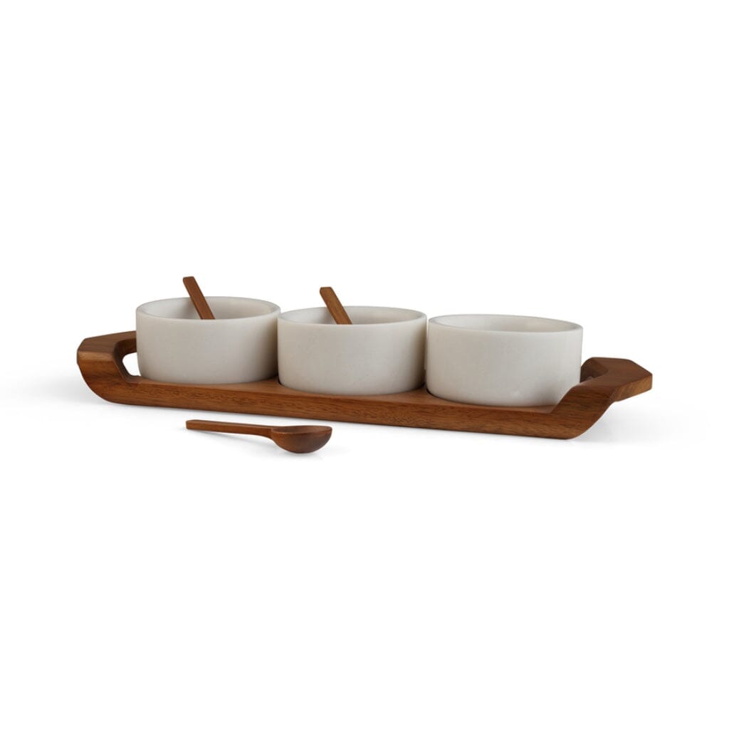 Elegant Nambe Chevron Shaped Condiment Tray Set with Acacia Wood Spoons