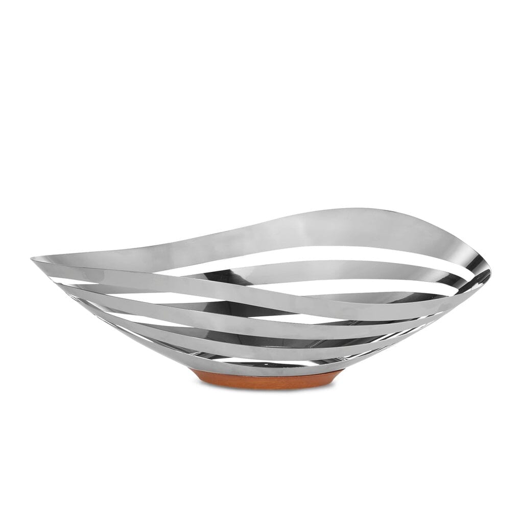 Nambe Pulse Acacia Wood and Stainless Steel Bread and Fruit Display Bowl