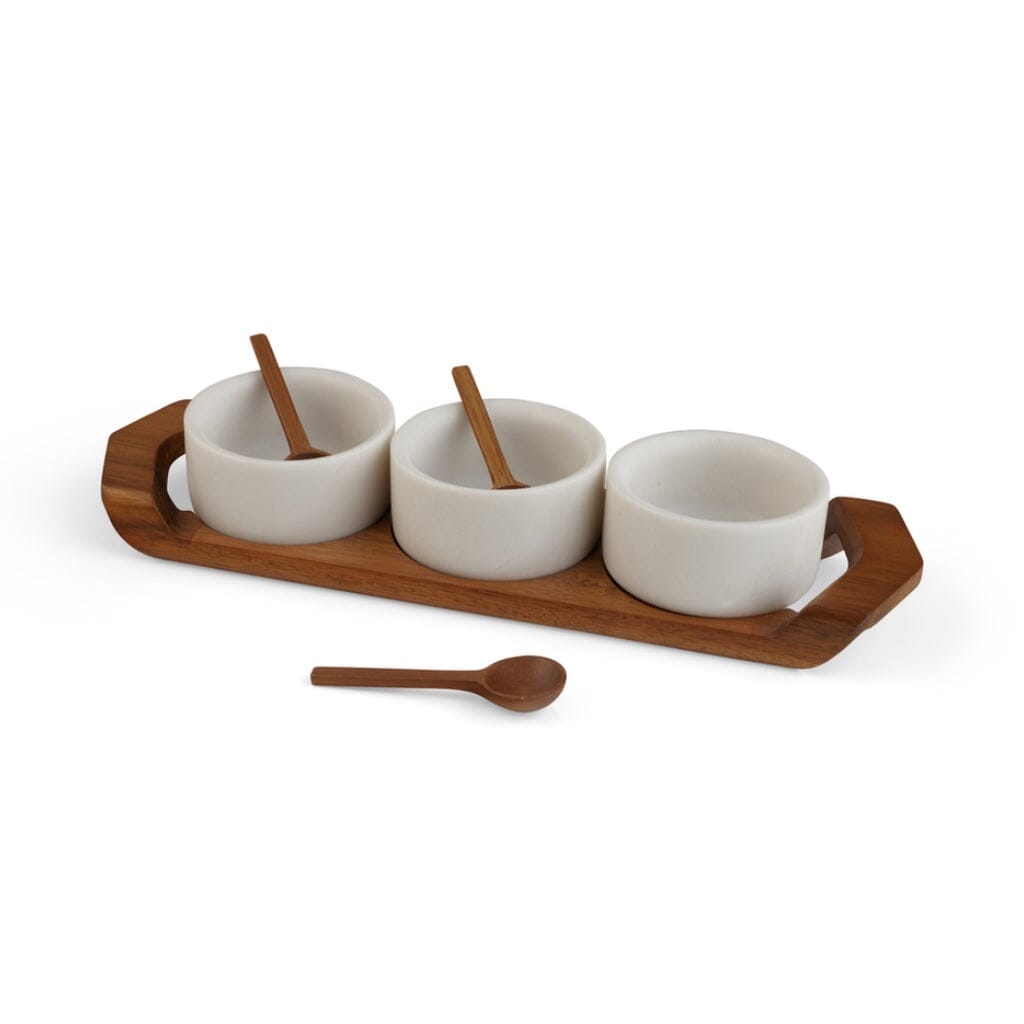 Elegant Nambe Chevron Shaped Condiment Tray Set with Acacia Wood Spoons