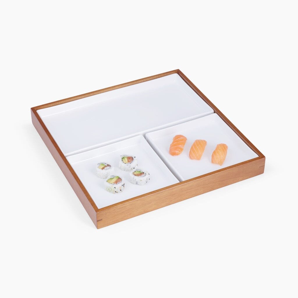 Nambe Duets Oversized Classic Japanese Lunch Box in Acacia Wood and White Porcelain