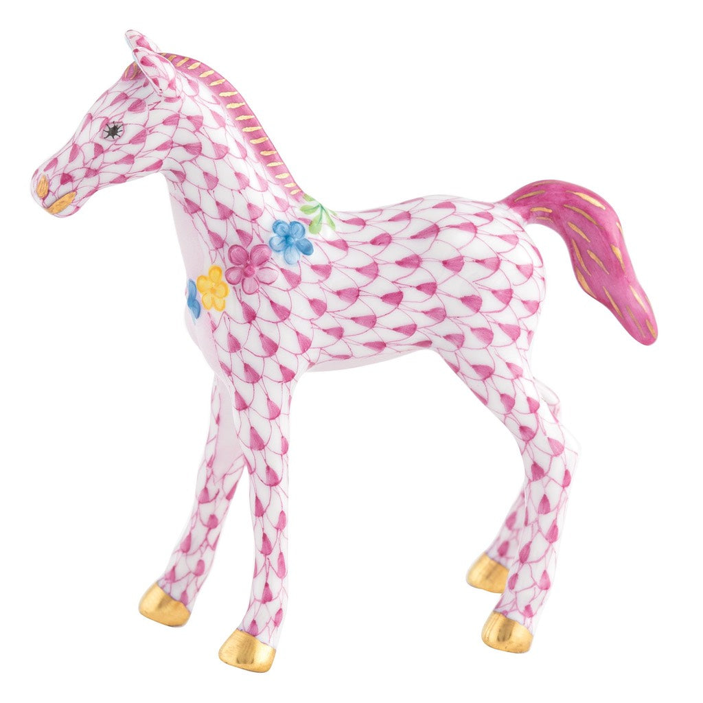 Herend Handmade Porcelain Figurine of a Playful Foal Adorned with Flowers
