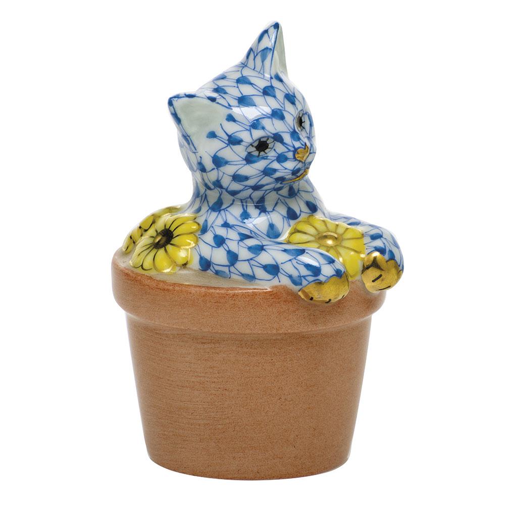 Exquisite Hand - painted Herend Kitty Figurine in Flower Pot Style