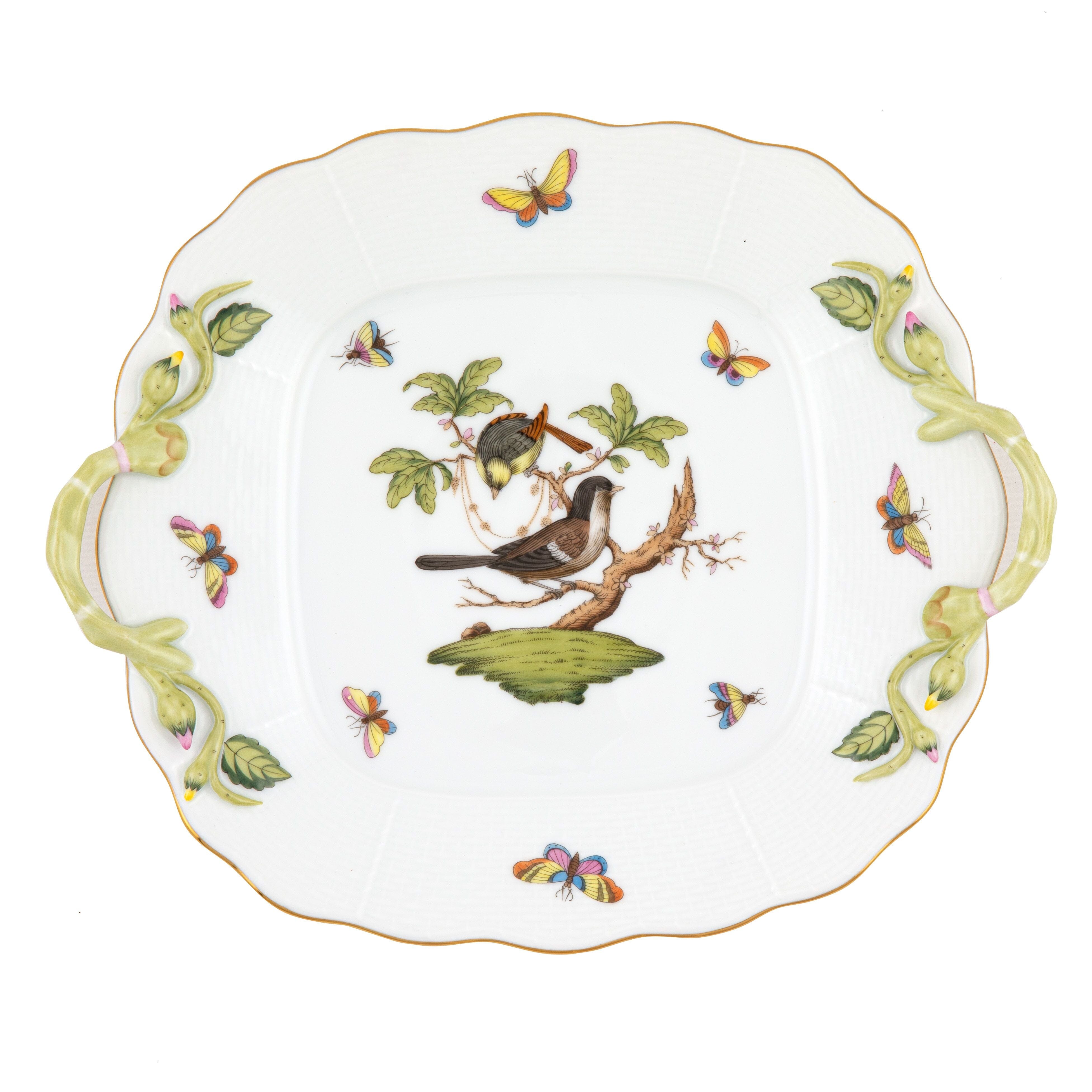 Exquisite Herend Square Cake Plate with Handles and Rothschild Bird Design