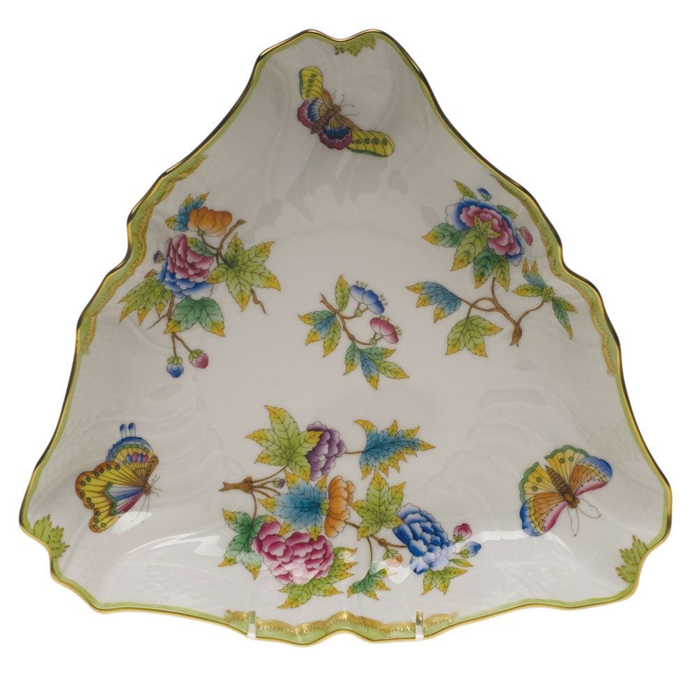 Exquisite Hand - painted Herend Queen Victoria 9.5 - inch Triangle Dish with 24K Gold
