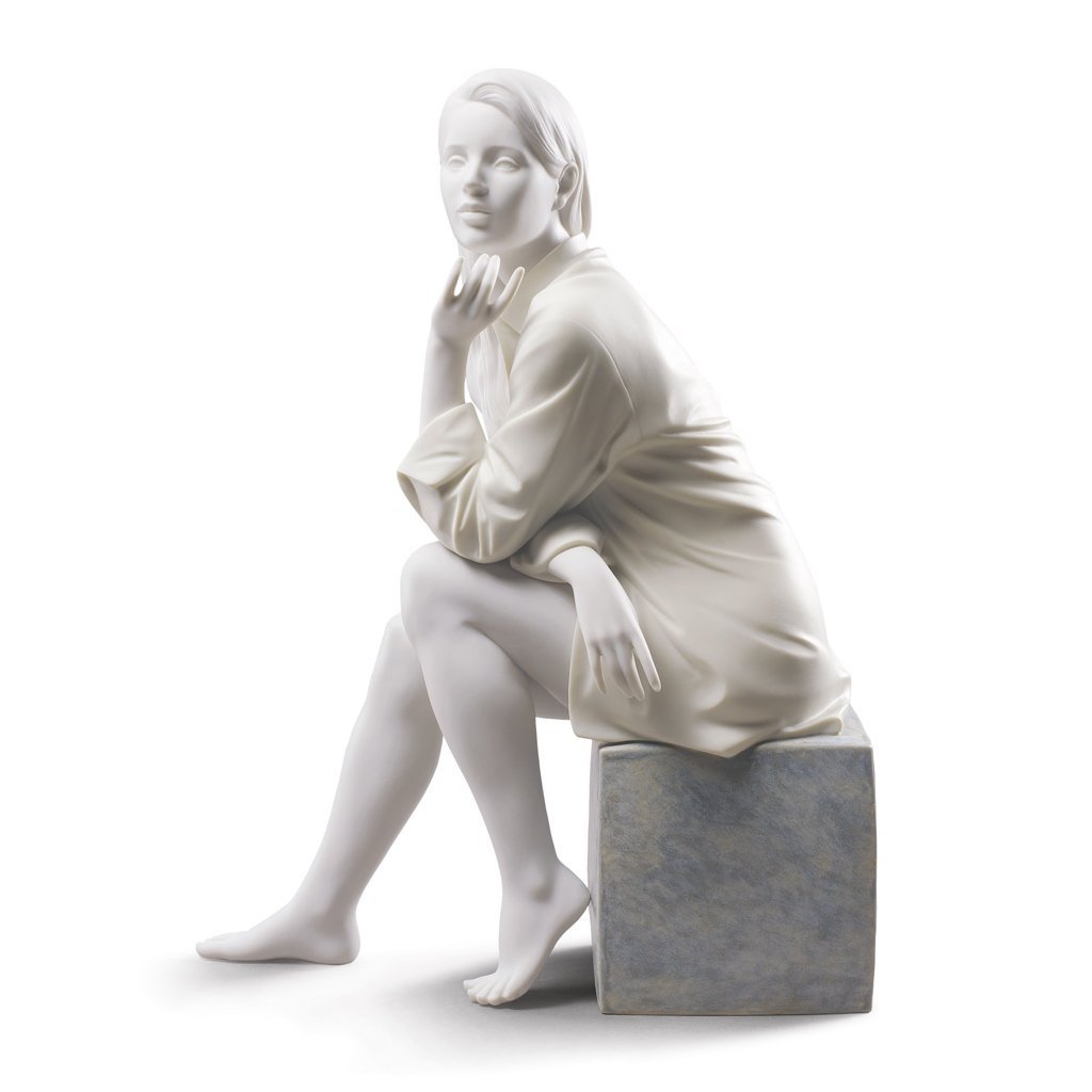 Lladro Handmade White Matte Porcelain Figurine Titled 'In My Thoughts'