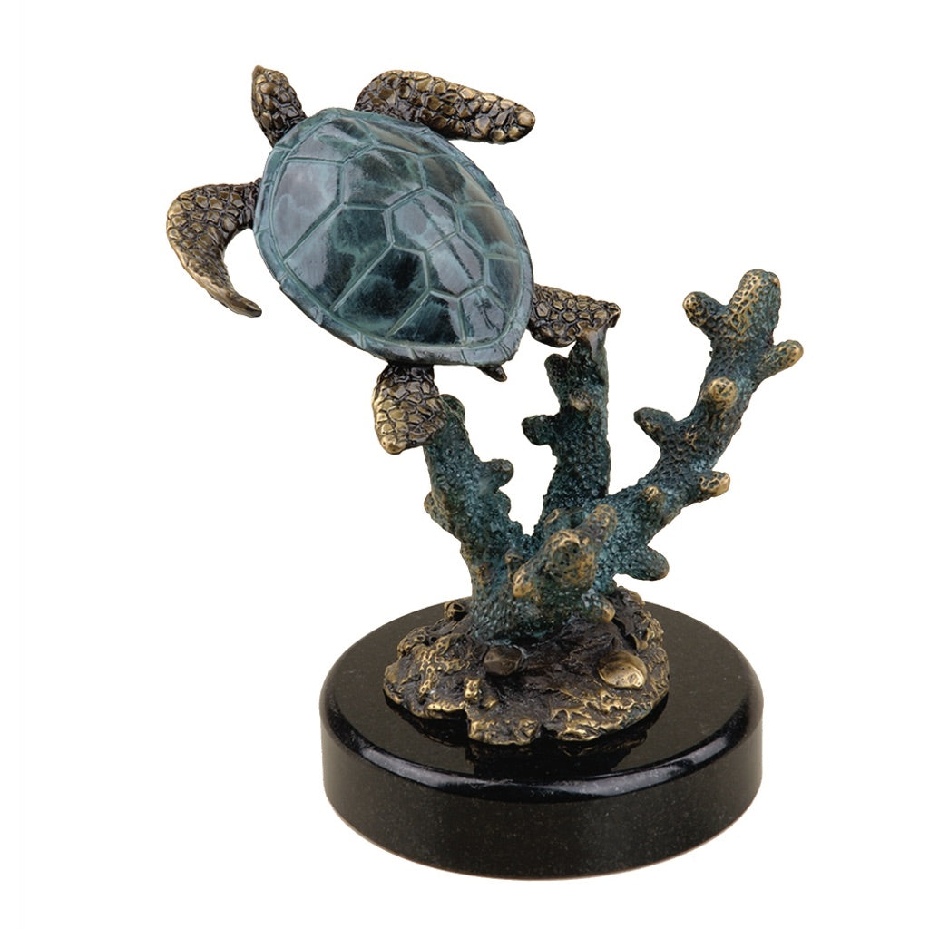 Single Brass Sea Turtle Sculpture with Coral on Marble Base for Home Decor