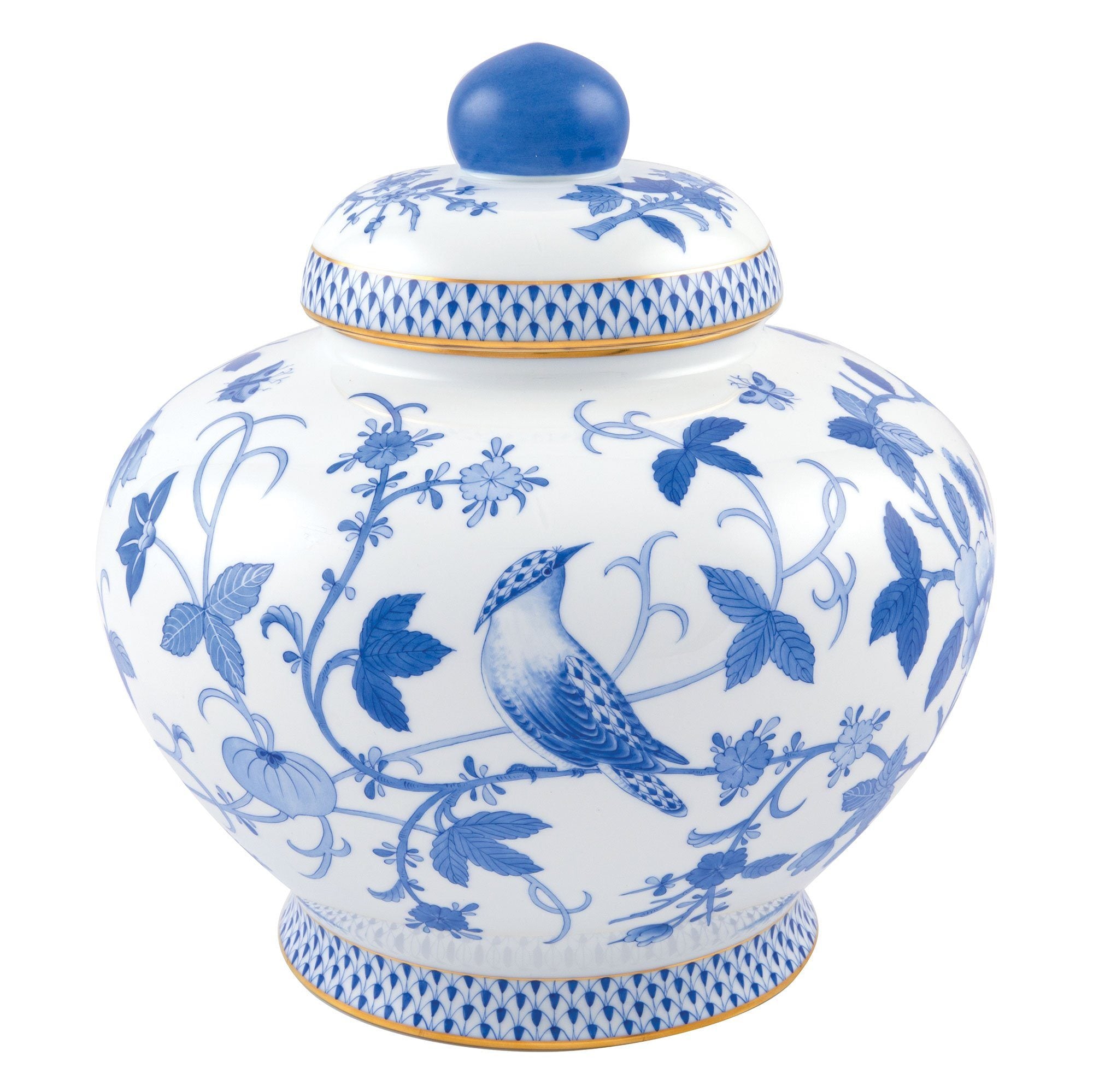 Limited Edition Herend Blue Peony Hand - Painted Porcelain Ginger Jar