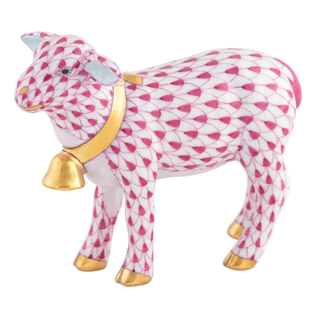 Exquisite Hand - painted Herend Porcelain Lamb Figurine with 24Kt Gold Bell