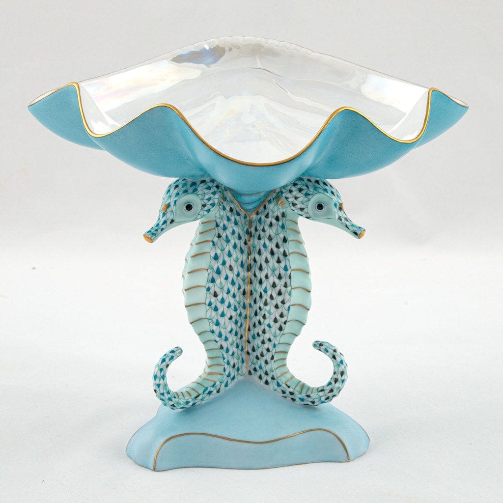 Limited Edition Herend Hand - painted Porcelain Seahorse Shell Compote
