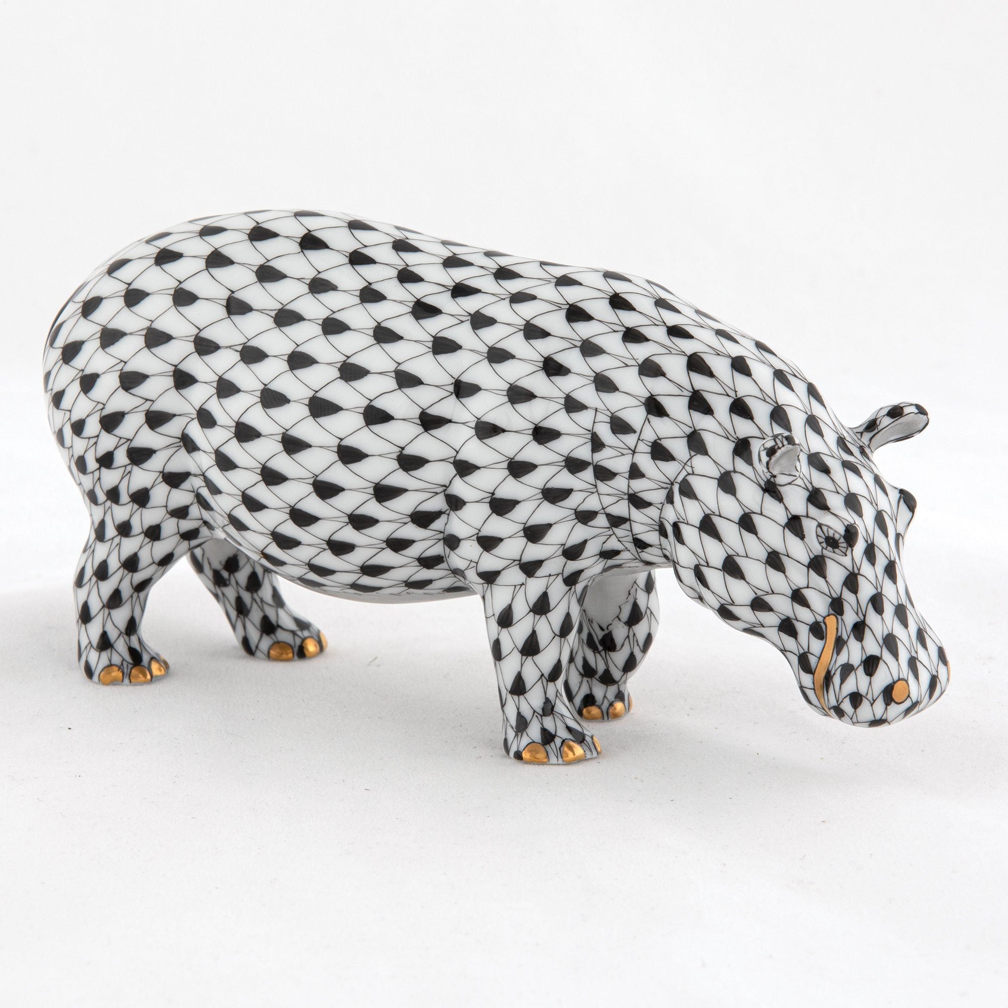 Handmade Herend Medium-Sized Hand-Painted Porcelain Hippopotamus Figurine