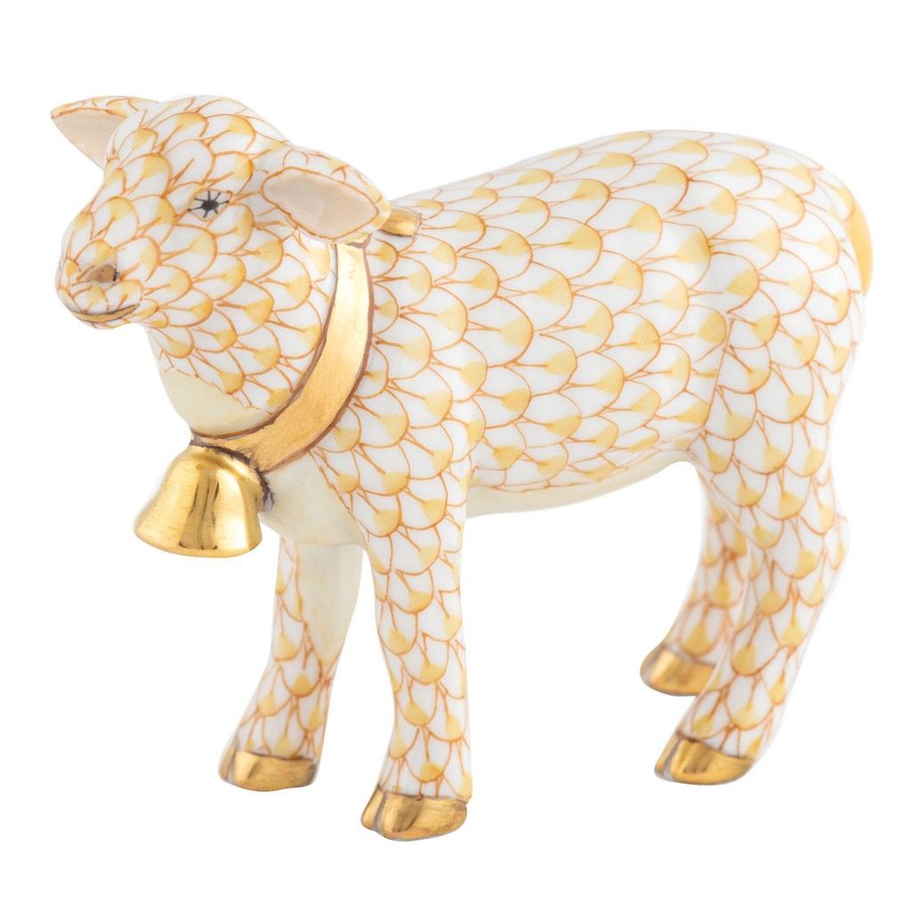Exquisite Hand - painted Herend Porcelain Lamb Figurine with 24Kt Gold Bell
