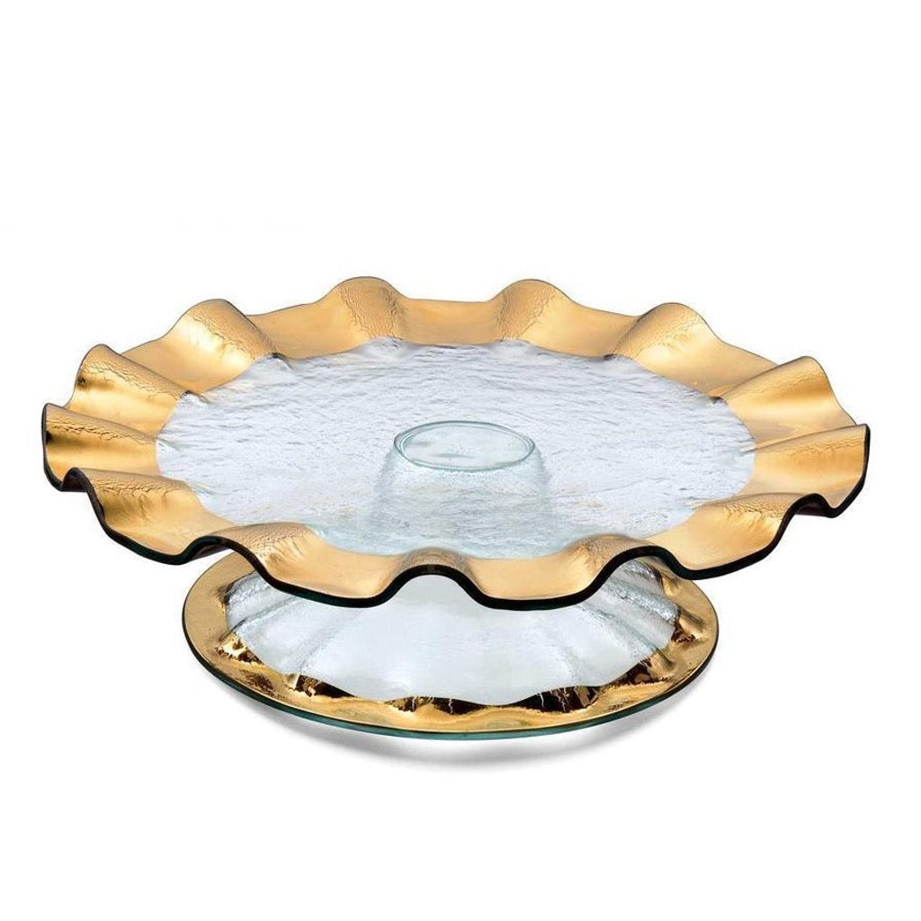 Annieglass Handmade Ruffle Design 24k Gold/Platinum Trim Pedestal Cake Stand