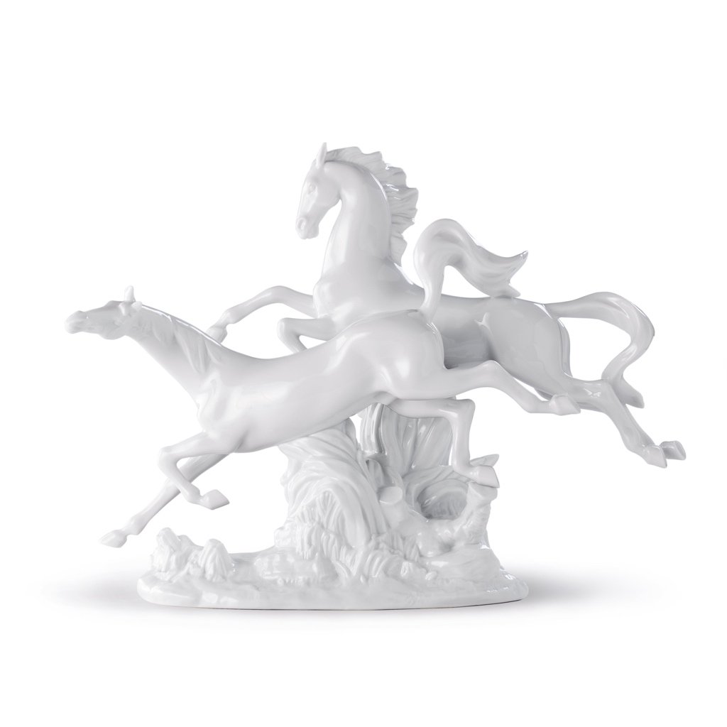 Exquisite Lladro Handmade Porcelain Galloping Horses Figurine in White Color