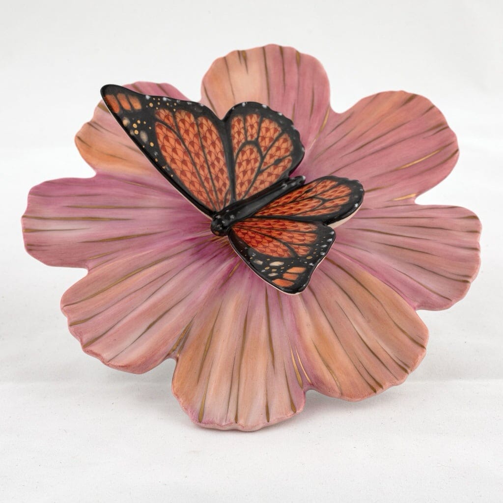 Limited Edition Herend Monarch Butterfly Figurine on Cosmos Flower - Handmade Porcelain Collectible