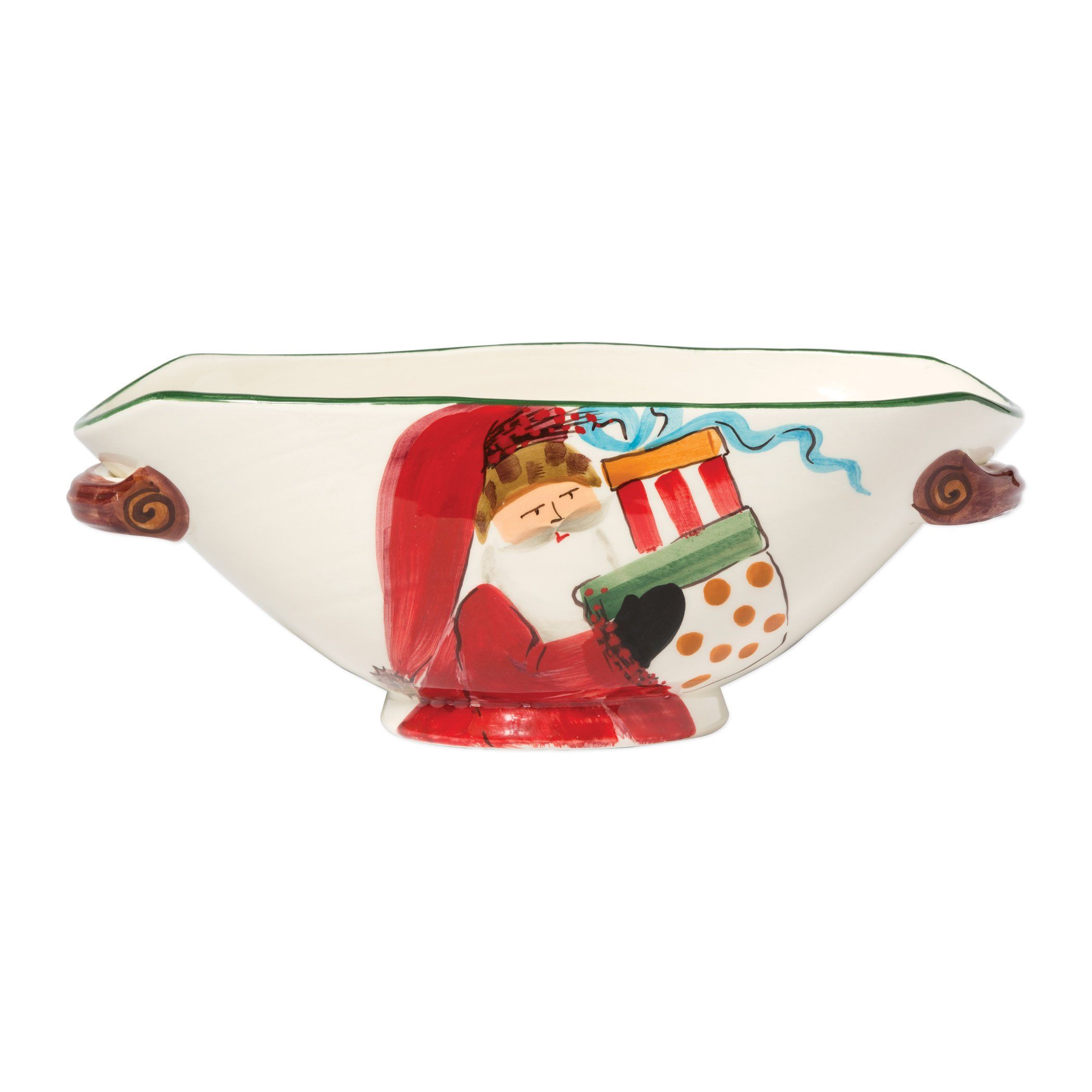 Vietri Oval Handled Bowl with Old St. Nick and Presents - A Festive Holiday Dishware
