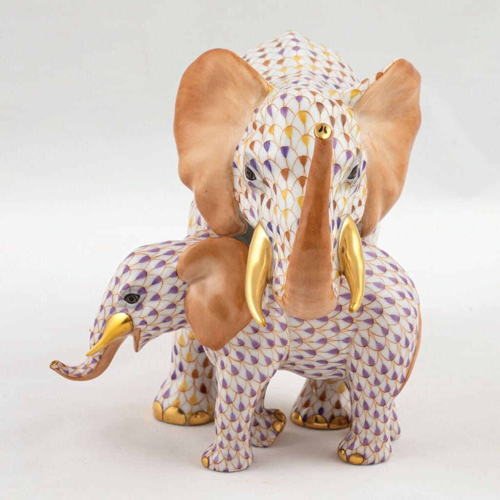 Limited Edition Herend Hand - painted Mother and Baby Elephant Porcelain Figurine