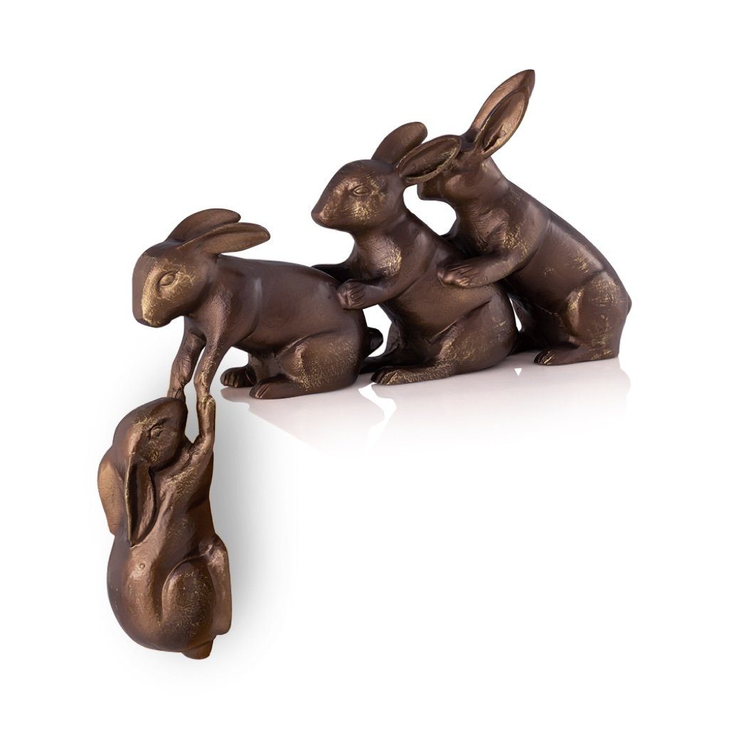 Exquisite Bronze - Colored Aluminum Hand - Cast Garden Art: Three Bunnies Assisting a Fourth Bunny Sculpture