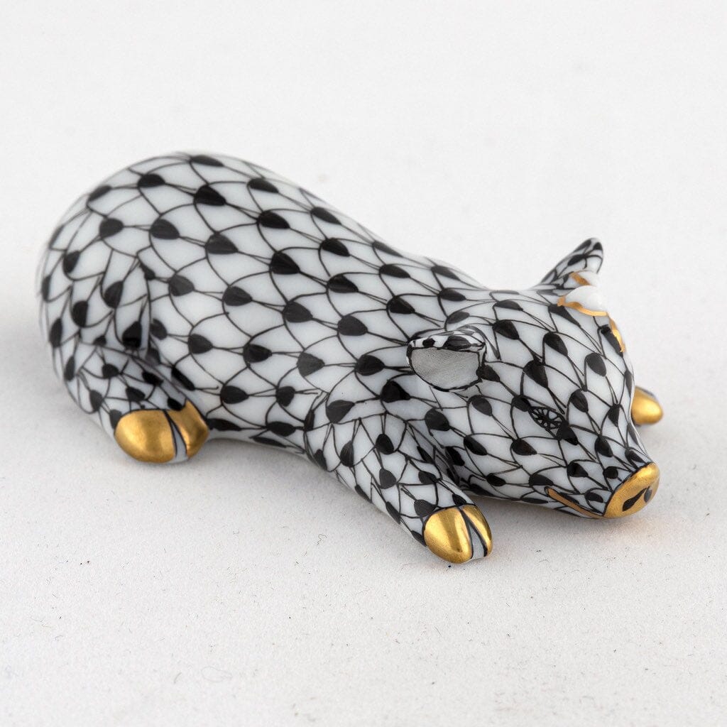 Exquisite Handmade Herend Porcelain Figurine of Daisy the Pig with a Daisy on Her Ear
