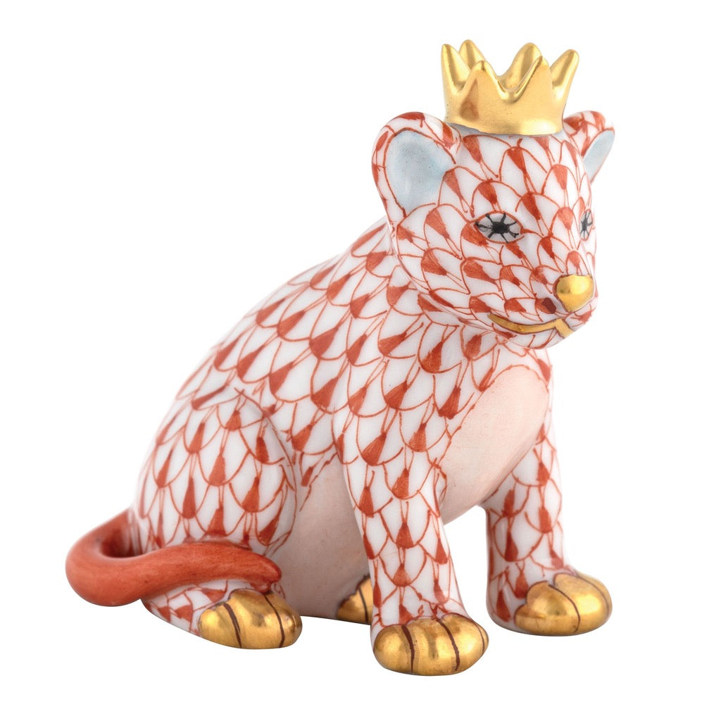 Exquisite Herend Hand - made Porcelain Lion Cub Figurine Wearing a Crown