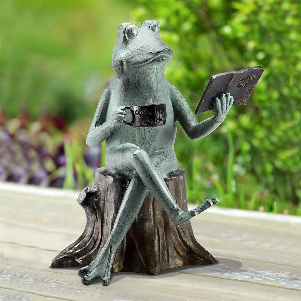 SPI Whimsical Garden Frog Sculpture Enjoying Coffee and Reading