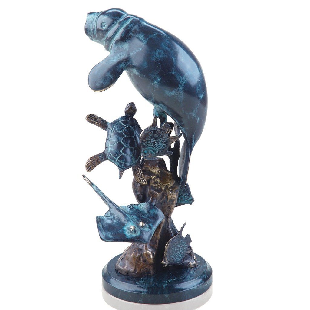 Handcrafted Brass Manatee & Friends Sculpture with Marble Base