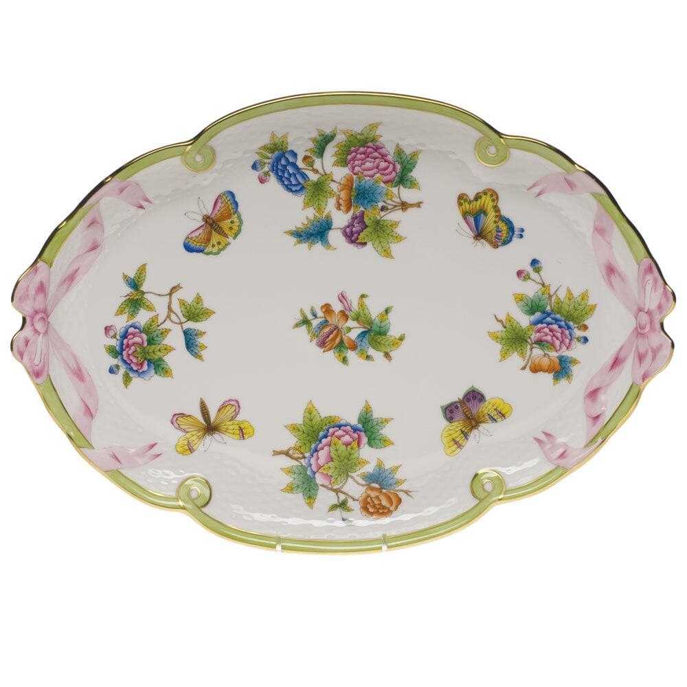 Exquisite Hand - painted Herend Porcelain Tray with Queen Victoria Ribbon Design