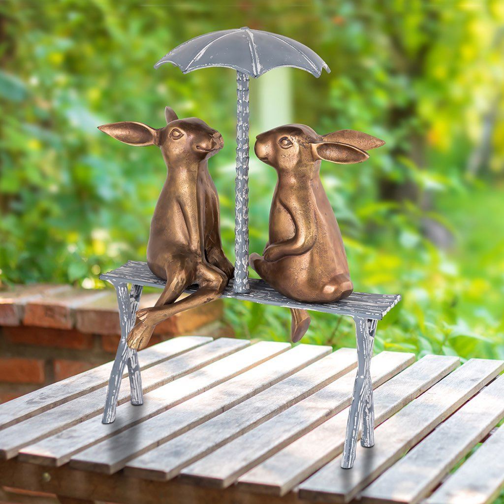 Garden Art: Romantic Aluminum Bunny Rabbit Pair Sculpture on Bench