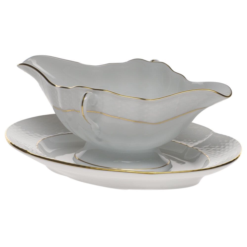 Herend Porcelain Golden Edge Gravy Boat Set with a Permanently Attached Stand