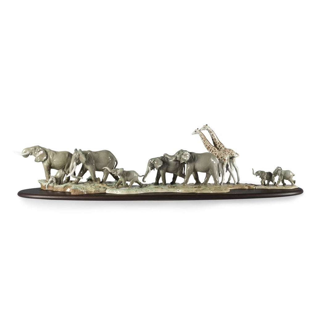 Exquisite Lladro Handmade Porcelain African Savannah Art Sculpture with Elephant and Giraffe Figures