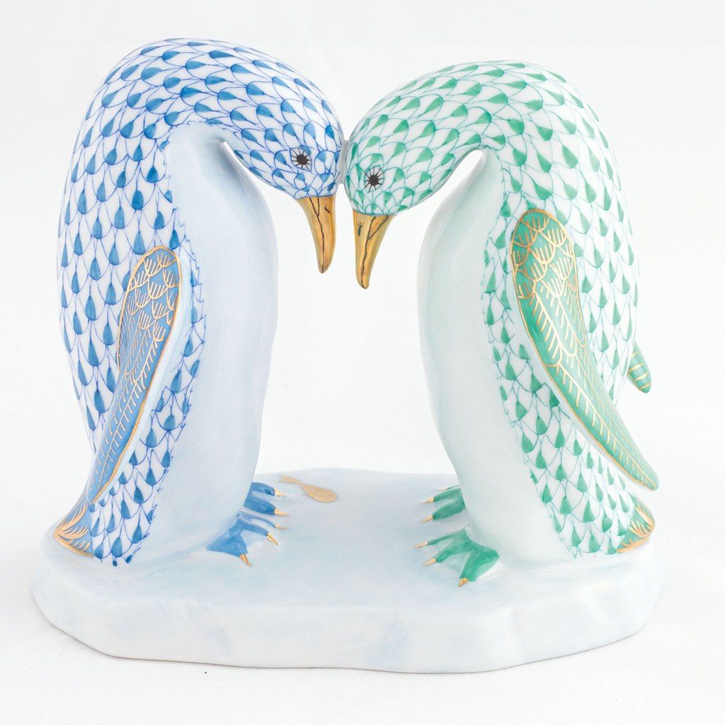 Handmade Herend Pair of Face - to - Face Penguins Figurine with 24K Gold Accents