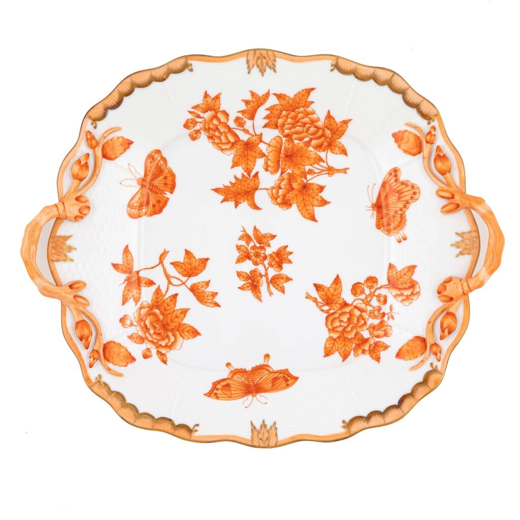 Herend Fortuna Square Cake Plate with Handles - 9.5' Blue or Rust with 24K Gold