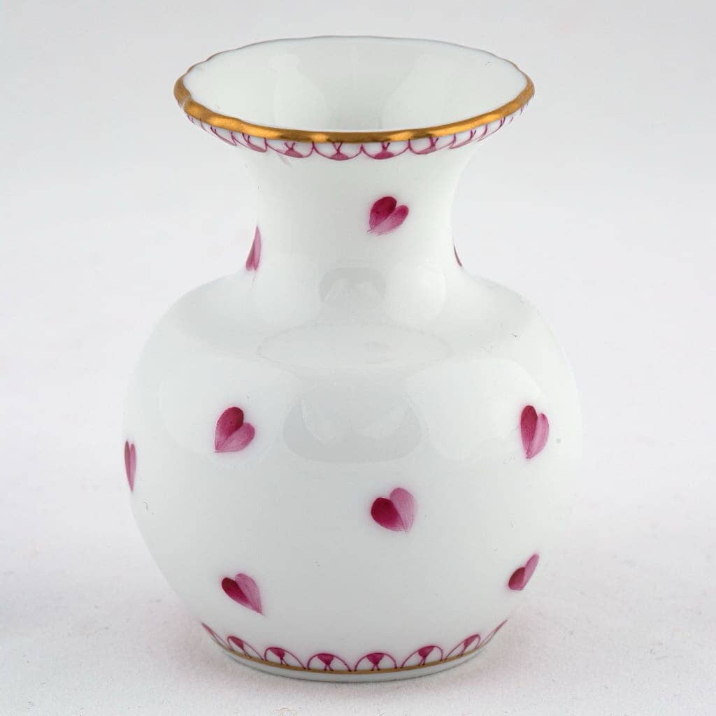Exquisite Hand - painted Herend Small Vase with Pink Hearts and Gold Rims