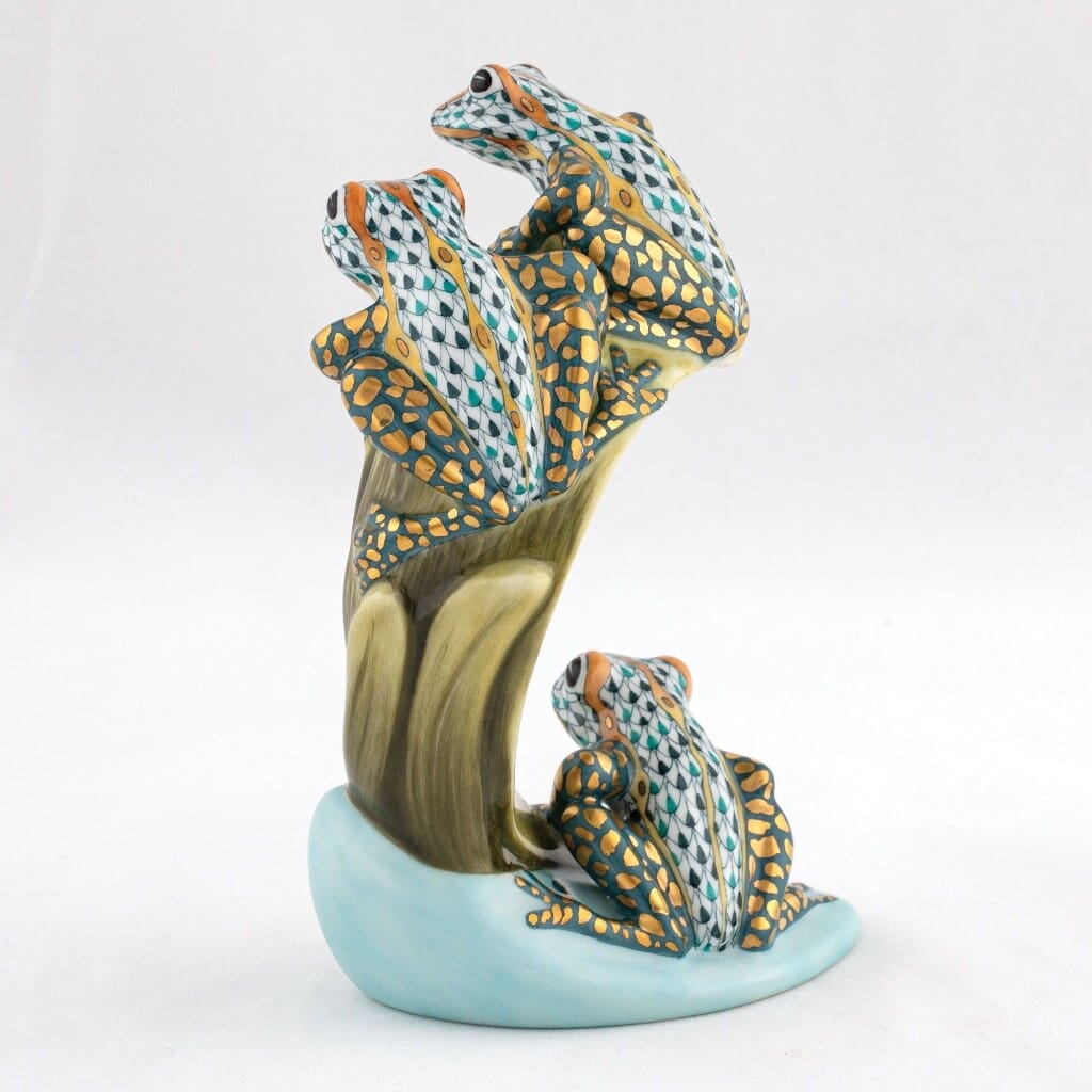Limited Edition Herend Hand - Painted Porcelain Figurine Featuring Three Tree Frogs on Palm Fronds