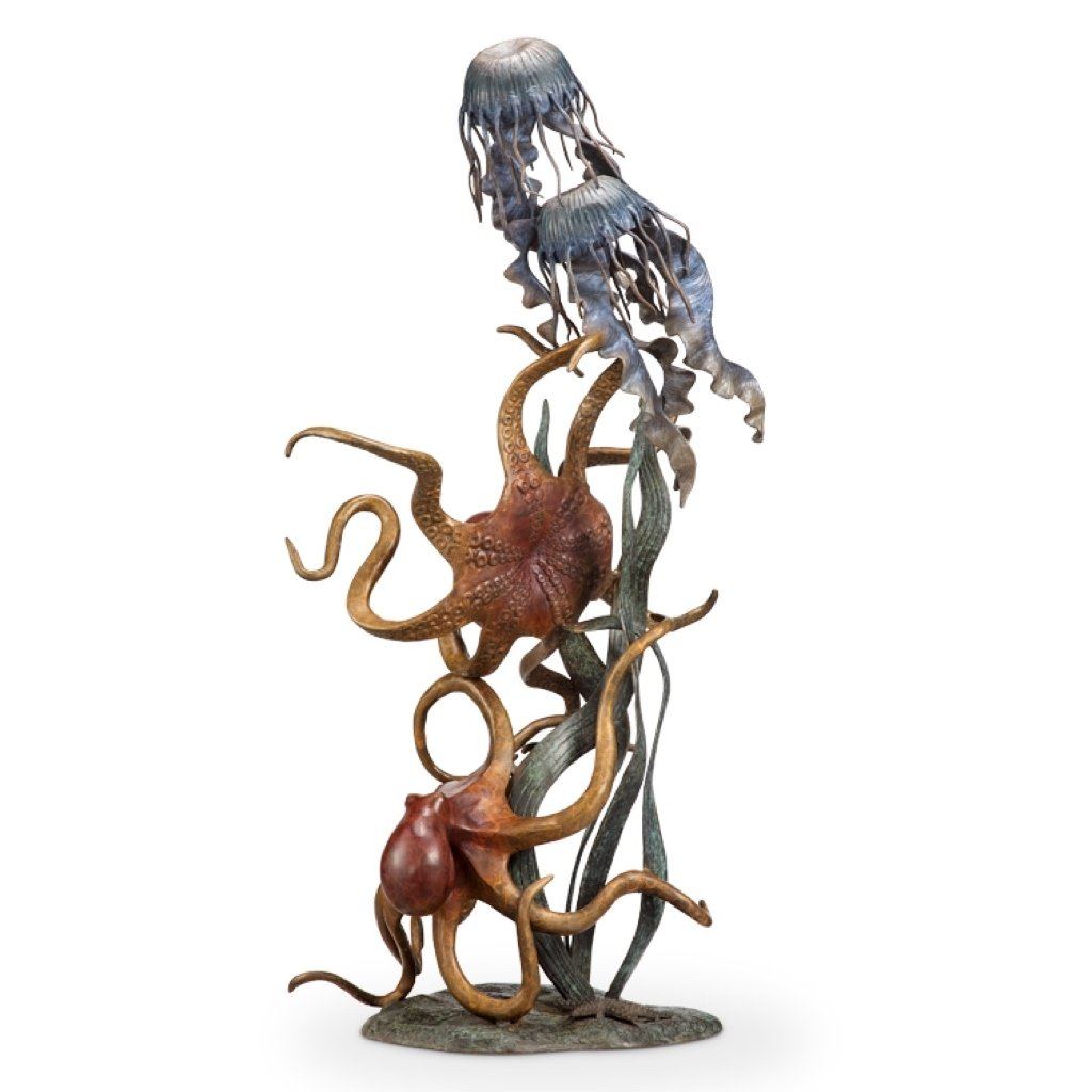 SPI Gallery Underwater Wonders Quartet Brass Sculpture Set Featuring Octopus and Jellyfish