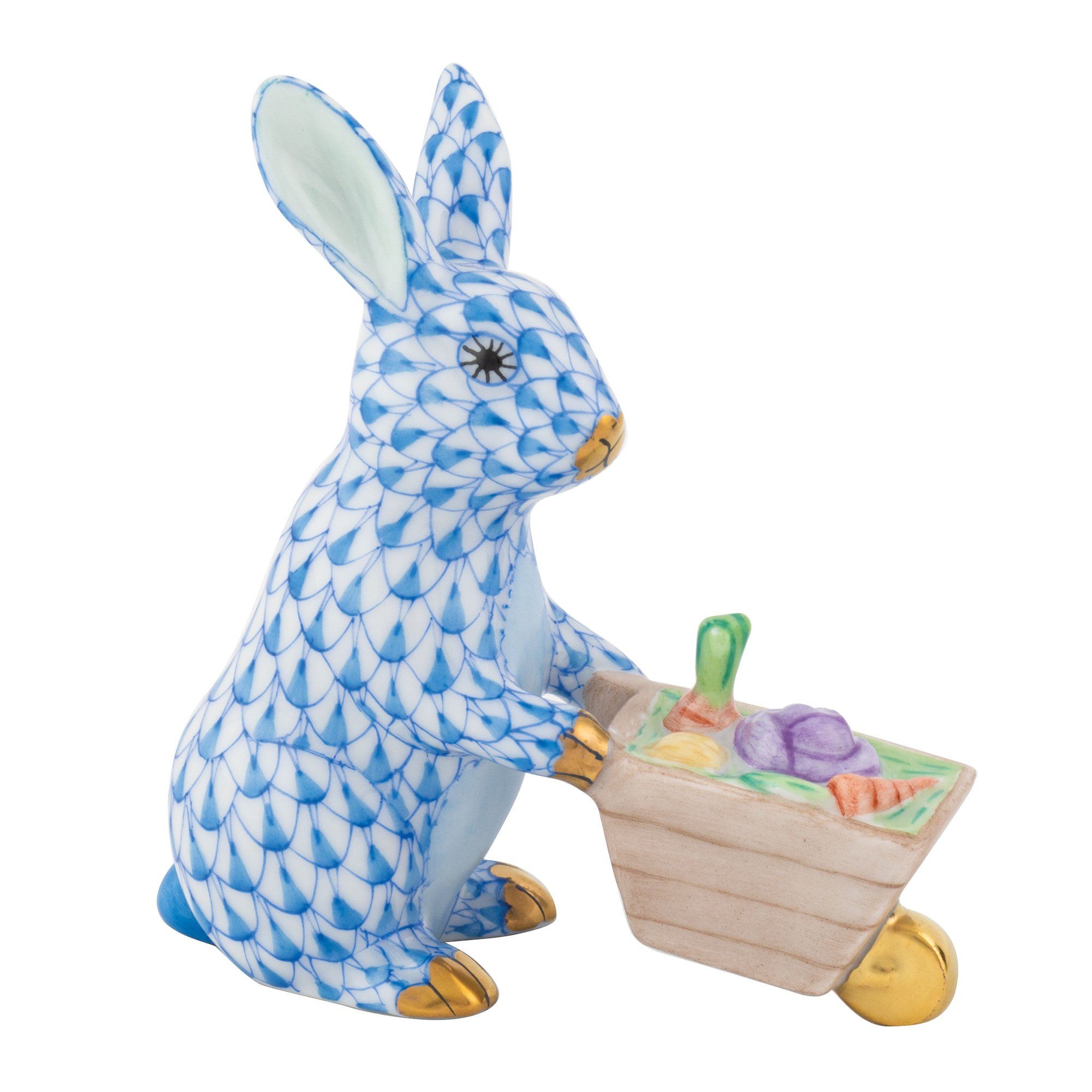 Handmade and Hand - painted Herend Wheelbarrow Bunny Porcelain Figurine