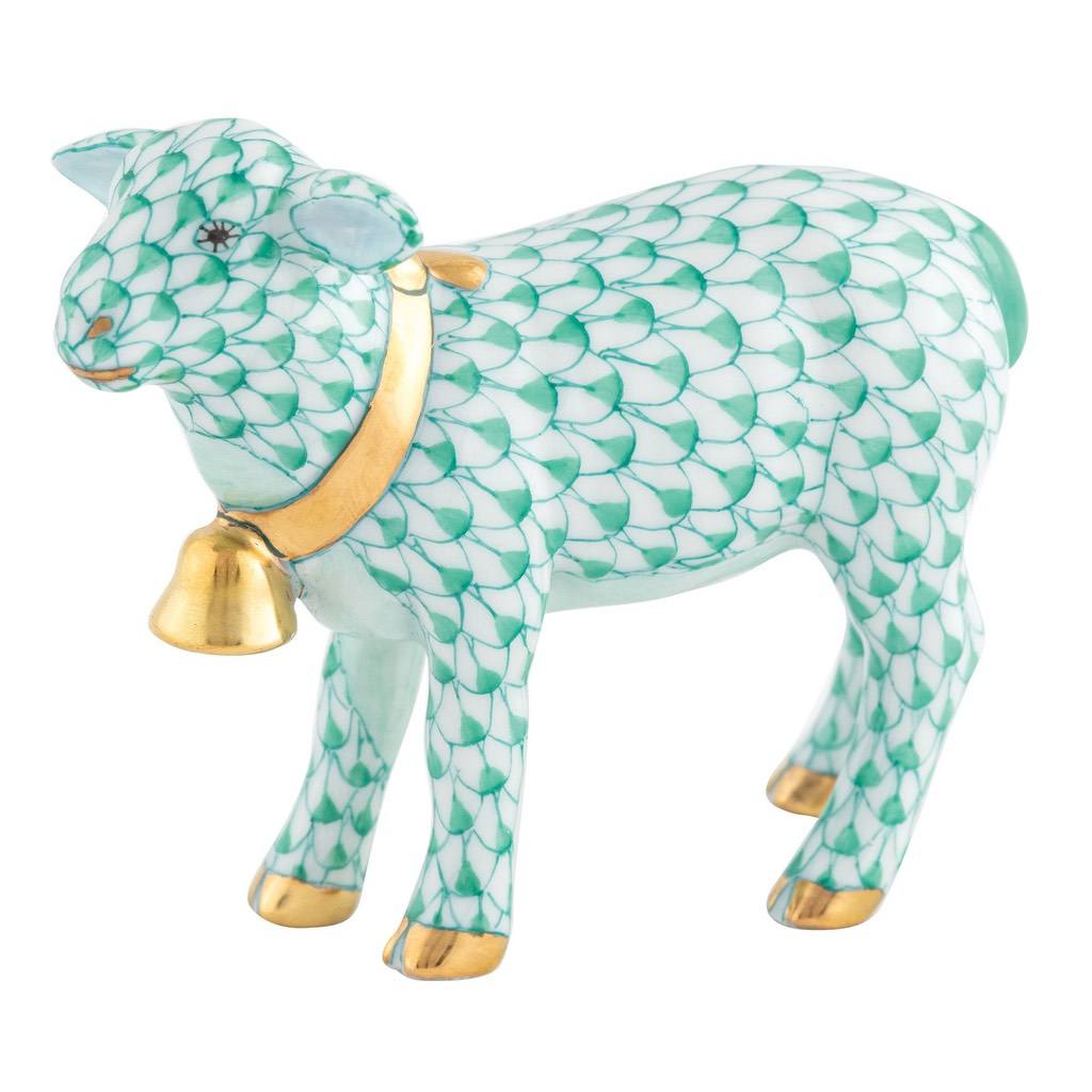 Exquisite Hand - painted Herend Porcelain Lamb Figurine with 24Kt Gold Bell