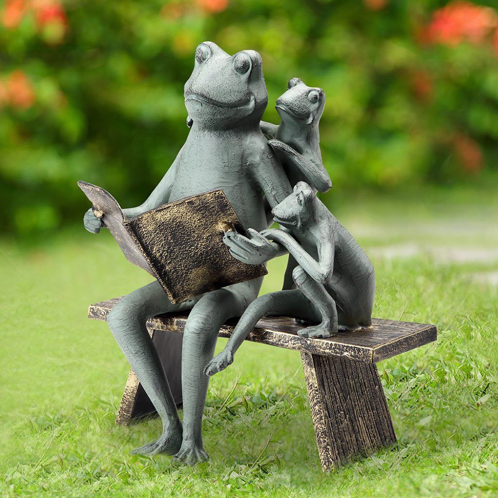 SPI Bronze and Verdigris Aluminum Garden Art Reading Frog Family Sculpture for Outdoor Decor