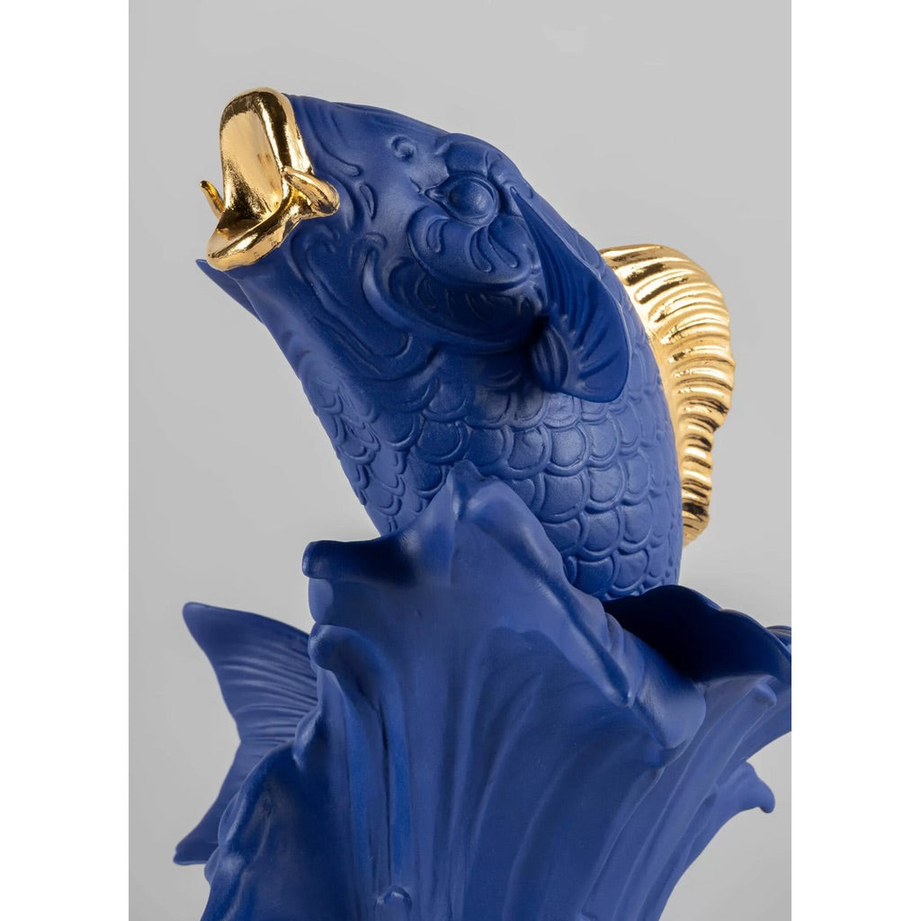 Limited Edition Lladro Blue-Gold Porcelain Koi Fish Figurine with Exclusive Artisan Craftsmanship