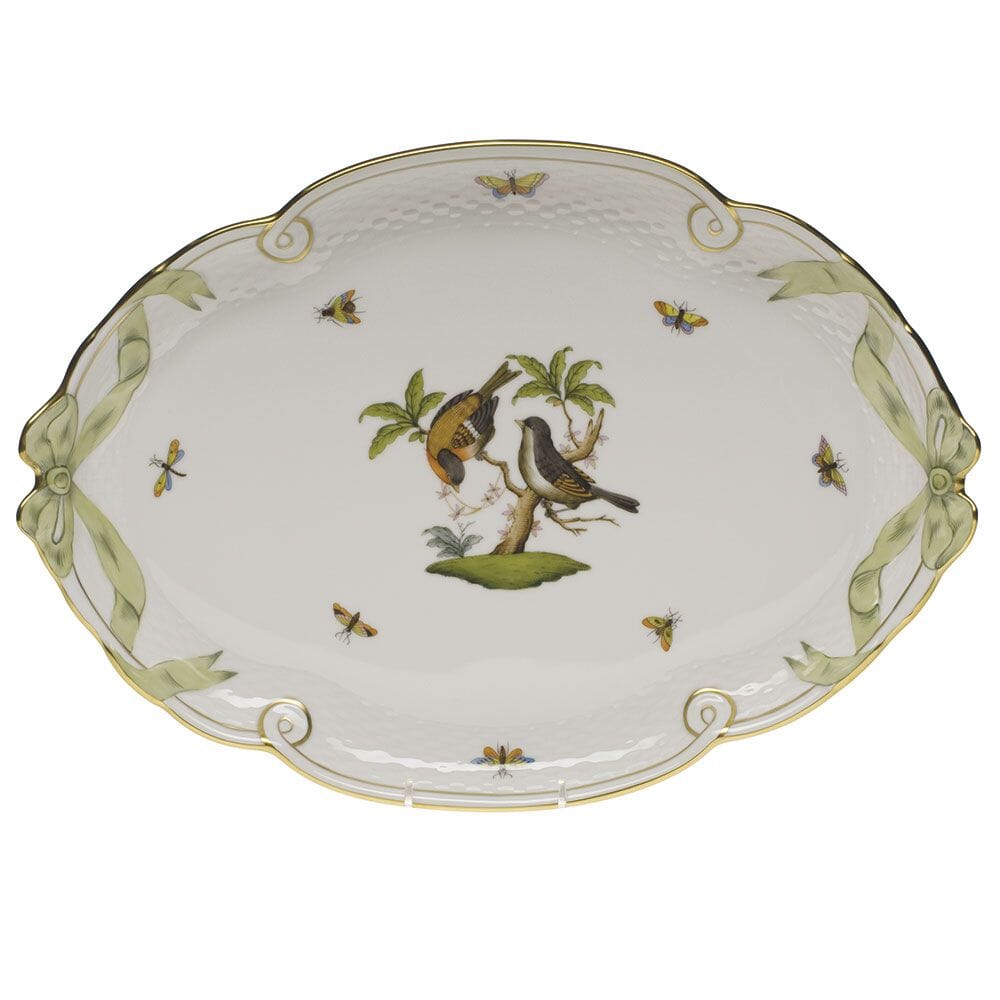 Exquisite Herend Rothschild Bird Decorative Ribbon Tray Adorned with Green Ribbon