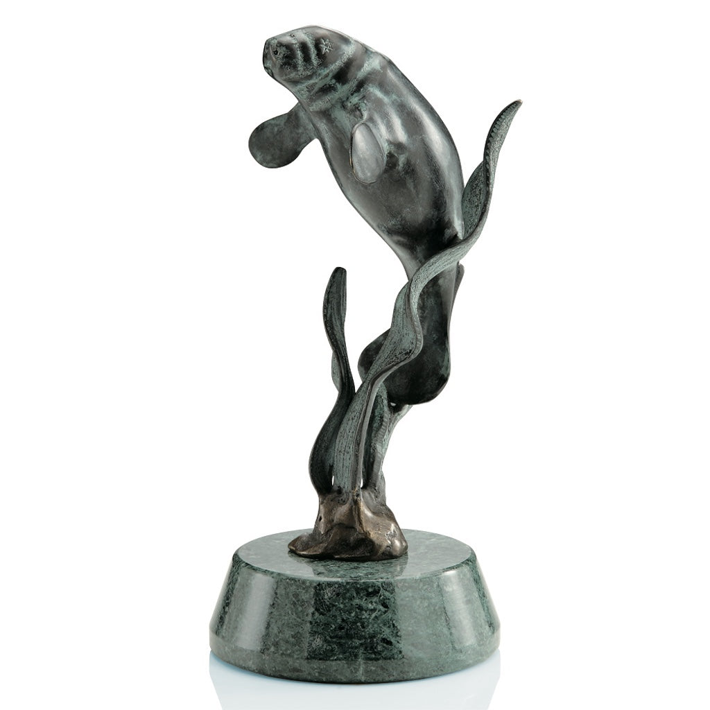SPI Gallery Handcrafted Brass Single Manatee Sculpture with Marble Base