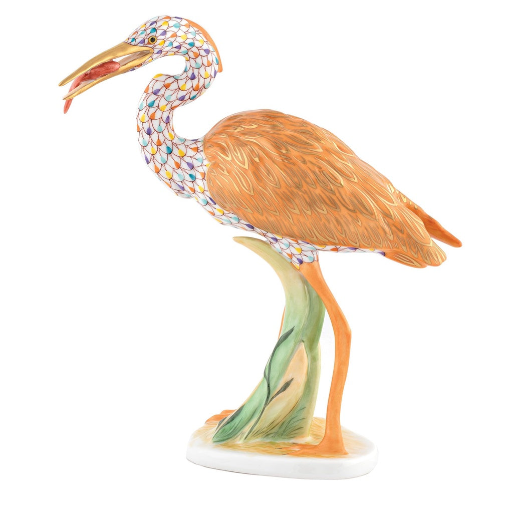 Limited Edition Hand - painted Herend Heron with Fish Figurine